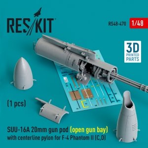 RESKIT RS48-0470 SUU-16A 20mm gun pod (open gun bay) with centerline pylon for F-4 Phantom II (C,D) (1 pcs) (3D Printed) 1/48
