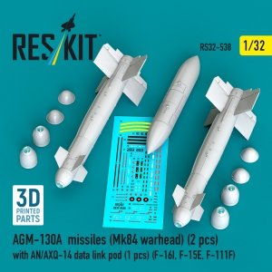 RESKIT RS32-0538 AGM-130A missiles (Mk84 warhead) (2 pcs) with AN/AXQ-14 data link pod (1 pcs) (3D Printed) 1/32