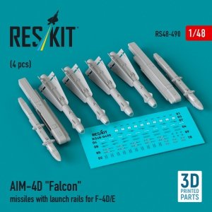 RESKIT RS48-0490 AIM-4D Falcon missiles with launch rails for F-4D/E (4 pcs) (3D Printed) 1/48
