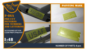 Clear Prop! CPA48068 F-86A pre-cut patterns for numbers and letteringpainting mask on yellow kabuki paper for CP4824 kit 1/48