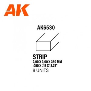 AK Interactive AK6530 STRIPS 2.00 X 3.00 X 350MM – STYRENE STRIP – (8 UNITS)