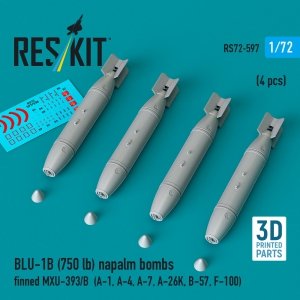 RESKIT RS72-0597 BLU-1B (750lb) napalm bombs finned MXU-393/B (4 pcs) (A-1, A-4, A-7, A-26K, B-57, F-100) (3D Printed) (1/72)