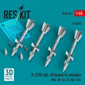 RESKIT RS48-0581 R-27ER (AA-10 Alamo-C) missiles (4 pcs) (MiG-29, Su-27, Yak-141) (3D Printed) (1/48)