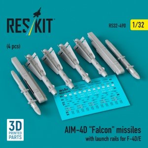 RESKIT RS32-0490 AIM-4D Falcon missiles with launch rails for F-4D/E (4 pcs) (3D Printed) 1/32