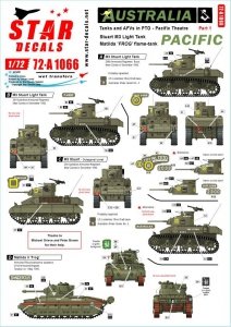 Star Decals 72-A1066 Australia in the Pacific # 1. M3 Stuart Light Tank and Matilda Frog Flame Tank in the Pacific. 1/72