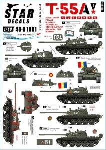 Star Decals 48-B1001 T-55A Tanks 1. Cold War. Soviet (Army and Naval Infantry), Poland, Hungary, Czechoslovakia, Germany (DDR), Romania and Jugoslavia 1/48