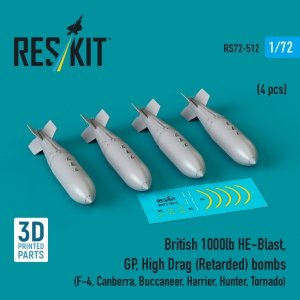 RESKIT RS72-0512 British 1000lb HE-Blast, GP, High Drag (Retarded) bombs (4 pcs) (F-4, Canberra, Buccaneer, Harrier, Hunter, Tornado) (3D printed) (1/72)