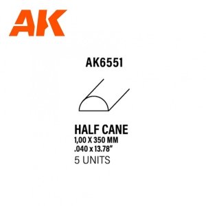 AK Interactive AK6551 HALF CANE 1.00 X 350MM – STYRENE HALF CANE – (5 UNITS)