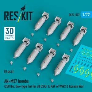 RESKIT RS72-0537 AN-M57 bombs (250 lbs, box-type fin) for all USAF & RAF of WW2 & Korean War (8 pcs) (3D Printed) 1/72