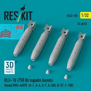 RESKIT RS32-0598 BLU-1B (750 lb) napalm bombs finned MXU-469/B (4 pcs) (A-1, A-4, A-7, A-26K, B-57, F-100) (3D Printed) (1/32)