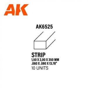 AK Interactive AK6525 STRIPS 1.50 X 2.00 X 350MM – STYRENE STRIP – (10 UNITS)