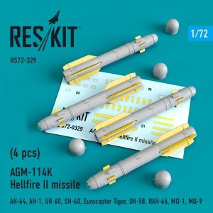 RESKIT RS72-0329 AGM-114K HELLFIRE II MISSILES (4 PCS) 1/72