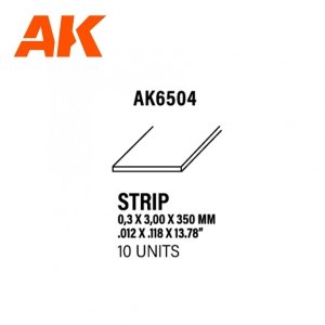 AK Interactive AK6504 STRIPS 0.30 X 3.00 X 350MM – STYRENE STRIP – (10 UNITS)