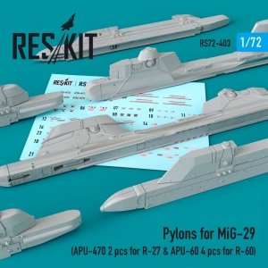 RESKIT RS72-0403 PYLONS FOR MIG-29 (APU-470 2 PCS FOR R-27 & APU-60 4 PCS FOR R-60) 1/72