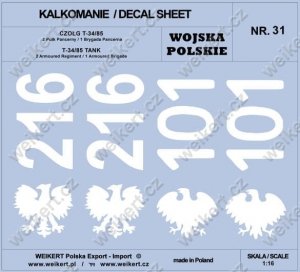 Weikert Decals DEC231 WOJSKO POLSKIE - CZOŁG T-34/85, 2 pułk pancerny / 1 brygada pancerna 1/16