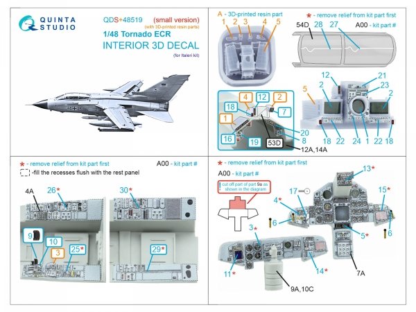 Quinta Studio QDS+48519 Tornado ECR 3D-Printed coloured Interior on decal paper (Italeri) (small version) (with 3D-printed resin parts) 1/48