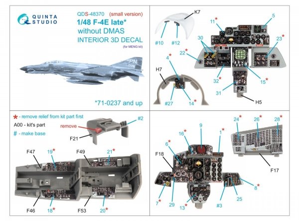 Quinta Studio QDS-48370 F-4E late without DMAS 3D-Printed &amp; coloured Interior on decal paper (Meng) (Small version) 1/48