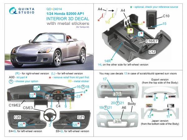 Quinta Studio QD+24014 Honda S2000 AP1 3D-Printed &amp; coloured Interior on decal paper (Tamiya) (with metal sticker parts) 1/35