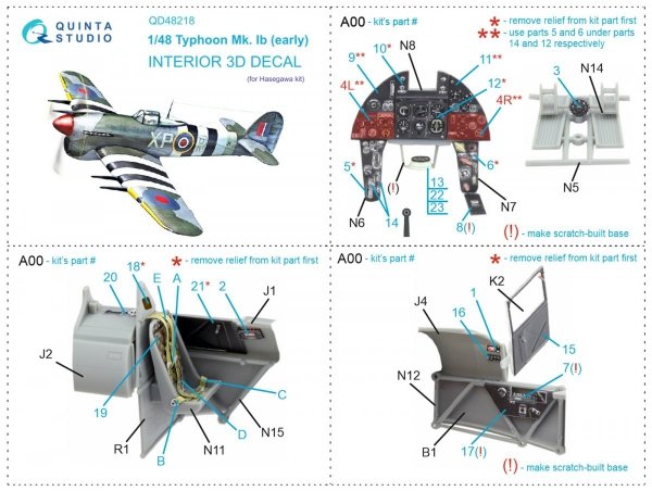 Quinta Studio QD48218 Hawker Typhoon Mk.1b early 3D-Printed &amp; coloured Interior on decal paper ( Hasegawa ) 1/48