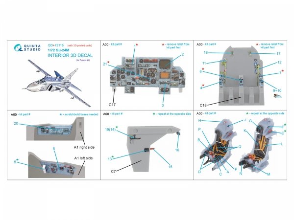 Quinta Studio QD+72116 Su-24M 3D-Printed coloured Interior on decal paper (Zvezda) (with 3D-printed resin part) 1/72