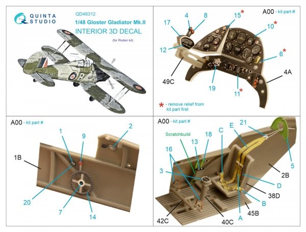 Quinta Studio QD48312 Gloster Gladiator MKII 3D-Printed &amp; coloured Interior on decal paper (Roden) 1/48
