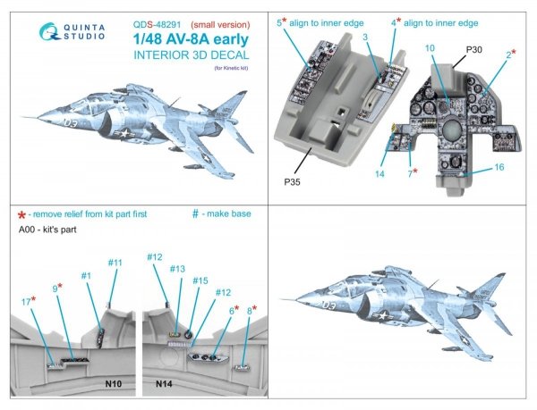 Quinta Studio QDS-48291 AV-8A Early 3D-Printed &amp; coloured Interior on decal paper (Kinetic) (Small version) 1/48