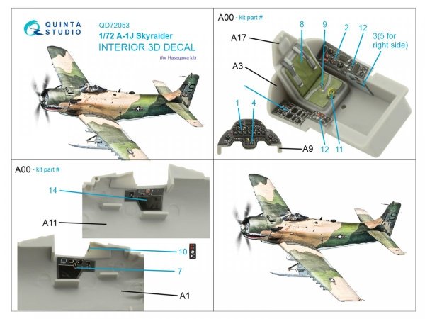 Quinta Studio QD72053 A-1J 3D-Printed &amp; coloured Interior on decal paper (Hasegawa) 1/72