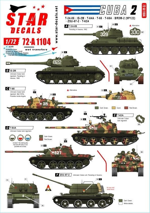Star Decals 72-A1104 Tanks &amp; AFVs in Cuba # 2. T-34/85, IS-2M, T-54A, T-55, T-55A, T-62A, ZSU-57-2, BRDM-2 (9P122). 1/72