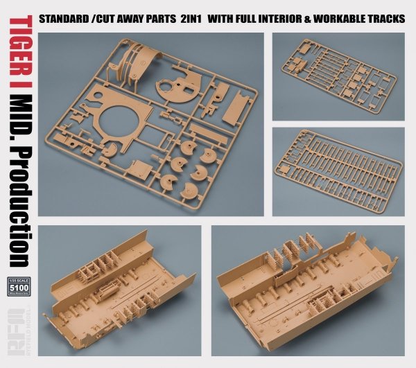 Rye Field Model 5100 TIGER I MID.Production STANDARD/CUT AWAY PARTS 2 IN 1 WITH FULL INTERIOR&amp;WORKABLE TRACKS 1/35