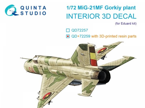 Quinta Studio QD+72259 MiG-21MF (Gorkiy plant) 3D-Printed &amp; coloured Interior on decal paper (Eduard) (with 3D-printed resin parts) 1/72