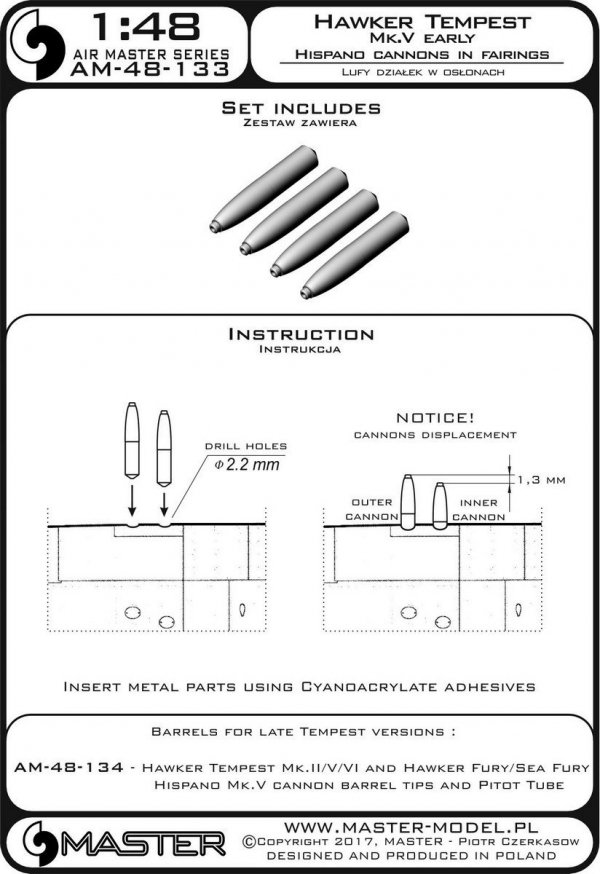 Master AM-48-133 Hawker Tempest Mk.V wczesna wersja - lufy działek Hispano 20mm w osłonach (4 szt.) (1:48)