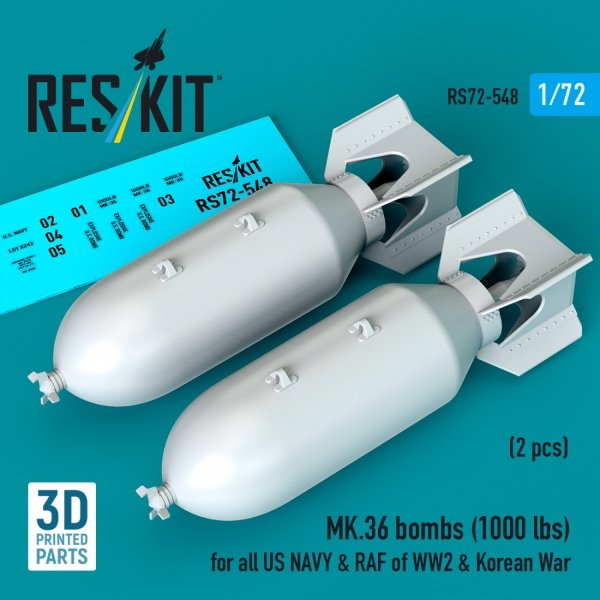 RESKIT RS72-0548 MK.36 bombs (1000 lbs) for all US NAVY &amp; RAF of WW2 &amp; Korean War (2 pcs) (3D Printed) 1/72