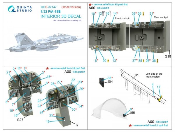 Quinta Studio QDS-32147 F/A-18B Early 3D-Printed &amp; coloured Interior on decal paper (Academy) (Small version) 1/32