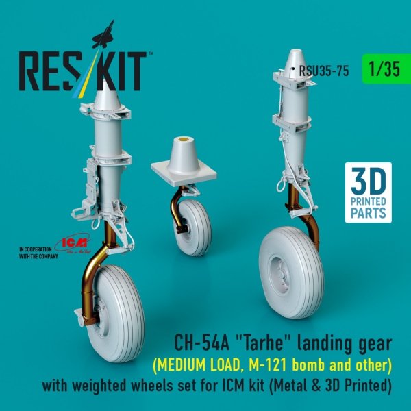 RESKIT RSU35-0075 CH-54A "Tarhe" landing gear (MEDIUM LOAD, M-121 bomb and other) with weighted wheels set for ICM kit (Metal &amp; 3D Printed) 1/35