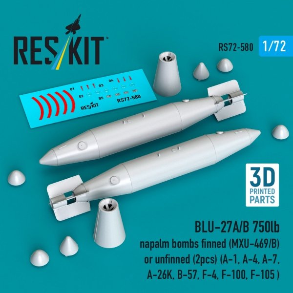 RESKIT RS72-0580 BLU-27A/B 750lb napalm bombs finned (MXU-469/B) or unfinned (2pcs) (A-1, A-4, A-7, A-26K, B-57, F-4, F-100, F-105 ) (3D Printed) (1/72)
