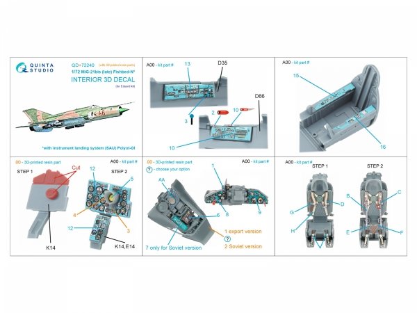 Quinta Studio QD+72240 MiG-21bis late 3D-Printed &amp; coloured Interior on decal paper ( Eduard )( with 3D-printed resin parts ) 1/72