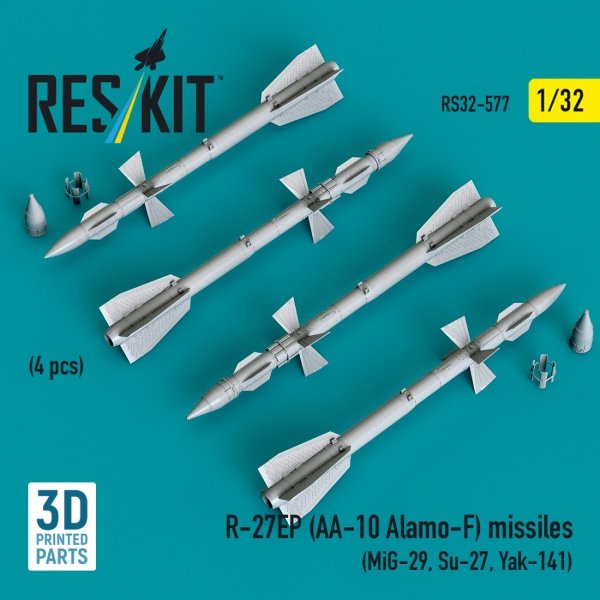 RESKIT RS32-0577 R-27EP (AA-10 Alamo-F) missiles (4 pcs) (MiG-29, Su-27, Yak-141) (3D Printed) (1/32)