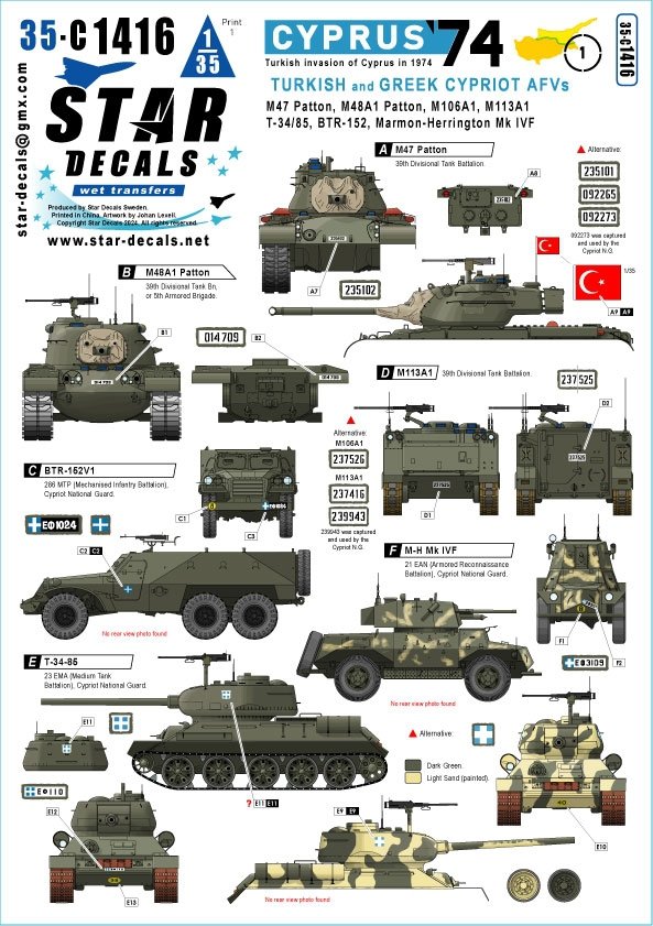 Star Decals 35-C1416 Cyprus 74 1. Turkish invasion of Cyprus in 1974. Turkish and Greek Cypriot AFVs. M47, M48A1, M113A1, M106A1, T-34/85, BTR-152, Marmon-Herrington Mk IVF 1/35