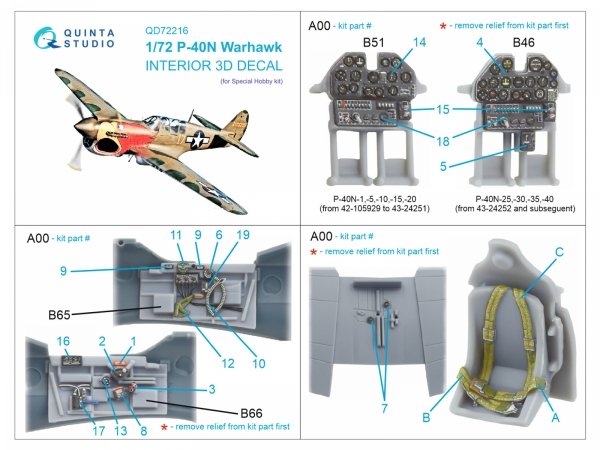 Quinta Studio QD72216 P-40N Warhawk 3D-Printed &amp; coloured Interior on decal paper (Special Hobby) 1/72