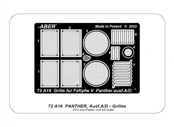 Aber 72A16 Siatki do niemieckiego czołgu Panther, Ausf.A/D / PzKpfw. V, Ausf.A/D, Panther - Grilles 1/72