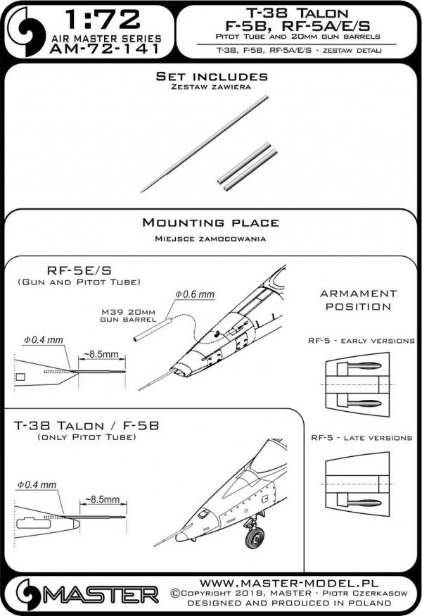 Master AM-72-141 T-38 Talon / F-5B / RF-5A, E, S - Rurka Pitota i lufy działek 20mm 1/72