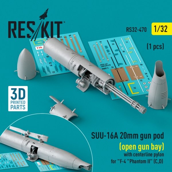 RESKIT RS32-0470 SUU-16A 20mm gun pod (open gun bay) with centerline pylon for F-4 Phantom II (C,D) (1 pcs) (3D Printed) 1/32