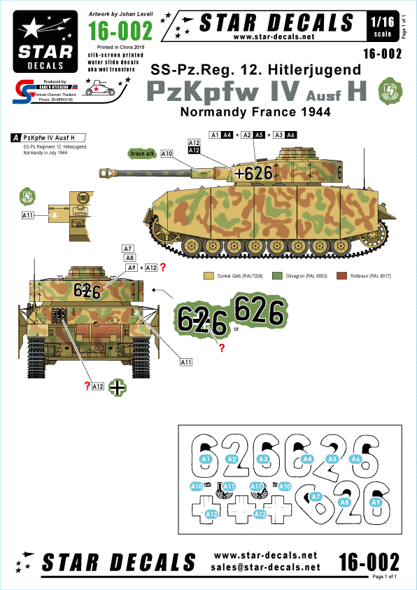 Star Decals 16-002 PzKpfw IV Ausf H - SS-Pz.Reg. 12 HJ 1/16