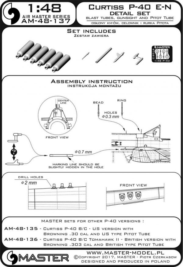 Master AM-48-137 Curtiss P-40 E - N - zestaw detali - osłony km-ów, celownik i Rurka Pitota (1:48)