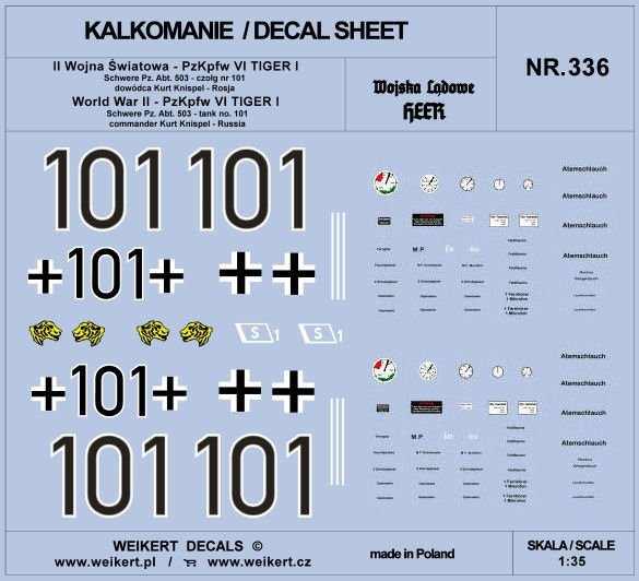 Weikert Decals DEC336 PzKpfw VI TIGER - Schwere Pz. Abt. 503 - czołg nr 101 - dowódca Kurt Knispel - Rosja 1/35