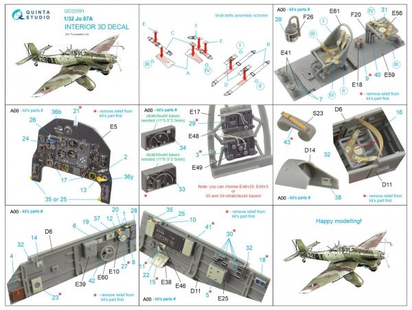 Quinta Studio QD32091 Ju 87A 3D-Printed &amp; coloured Interior on decal paper (Trumpeter) 1/32