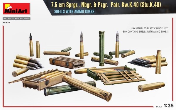 MiniArt 35375 7.5 cm Sprgr., Nbgr. &amp; Pzgr. Patr. Kw.K.40 (Stu.K.40) SHELLS WITH AMMO BOXES 1/35