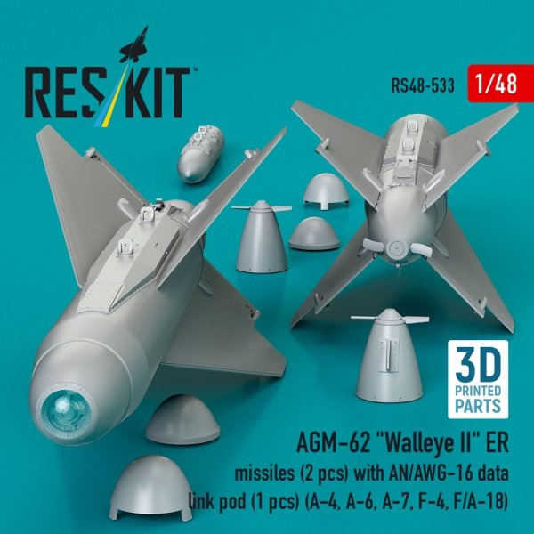 RESKIT RS48-0533 AGM-62 "Walleye II" ER missiles (2 pcs) with AN/AWG-16 data link pod (1 pcs) (A-4, A-6, A-7, F-4, F/A-18) (3D Printed) (1/48)