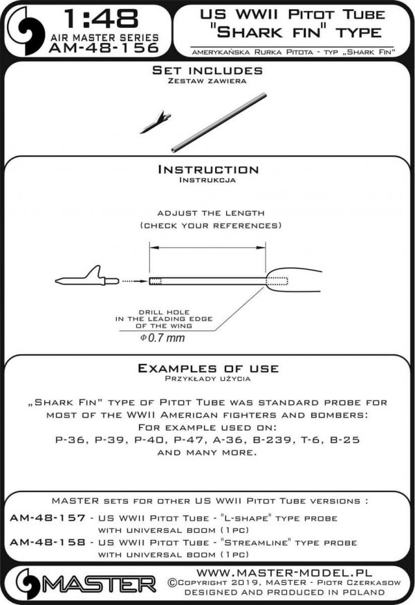 Master AM-48-156 Amerykańska Rurka Pitota z okresu II w.św. - typ &quot;płetwa rekina&quot; (1szt.) - używana na P-36, P-39, P-40, P-47, A-36, B-239, T-6, B-25 i wielu innych 1/48