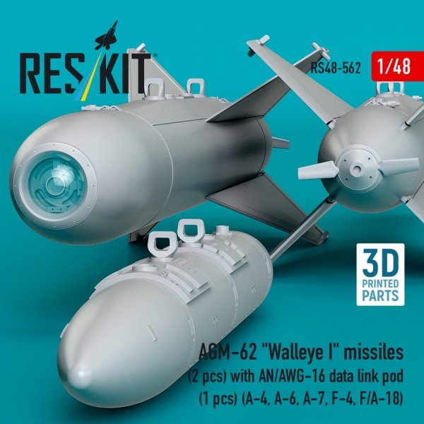 RESKIT RS48-0562 AGM-62 "Walleye I" missiles (2 pcs) with AN/AWG-16 data link pod (1 pcs) (A-4, A-6, A-7, F-4, F/A-18) (3D Printed) (1/48)